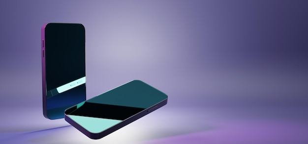 Mobiltelefon in Perspektive und Winkelansicht Mockup-Smartphone mit leerem Bildschirm isoliert auf violettem ultraviolettem Hintergrund Realistisches Mobilgerät mit 3D-Darstellung und leerem Anzeige-Werbebanner