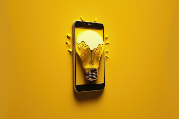 Mobiltelefon mit Glühbirne auf dem Bildschirm Konzept von Ideen und Kreativität gelber Hintergrund KI