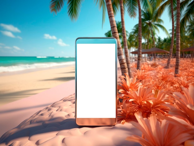 Mobiltelefon mit leerem Bildschirm am tropischen Strand Generative KI