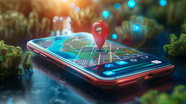 Mobiltelefon mit offener Satellitenkarten-App und Standort-Pin auf dem Bildschirm GPS-Konzept mit Mobiltelefon a