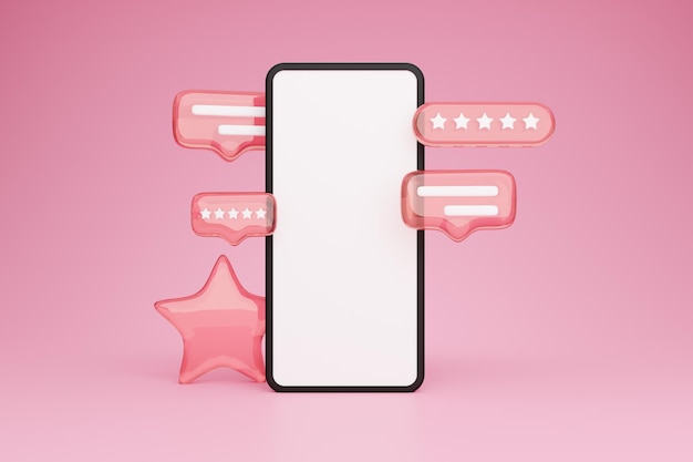 Mobiltelefon und Fünf-Sterne-Bewertungssymbole auf rosa Hintergrund
