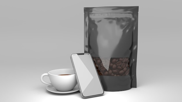 Moble y paquete de café en bolsa maqueta de render 3d