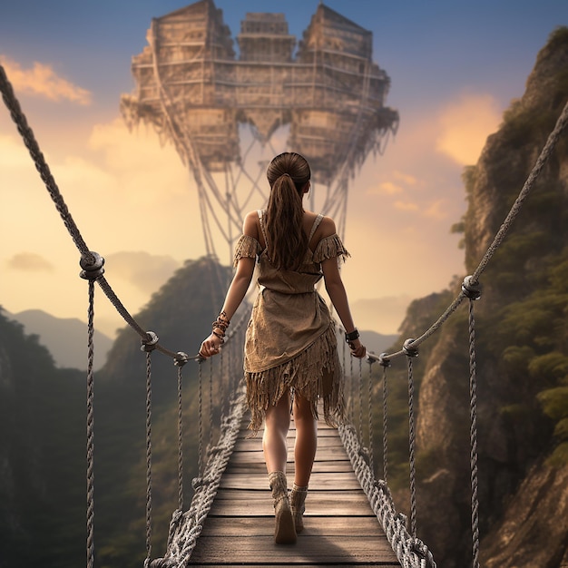 Moça Boho renderizada em 3D caminhando em uma ponte suspensa sobre um belo ângulo traseiro