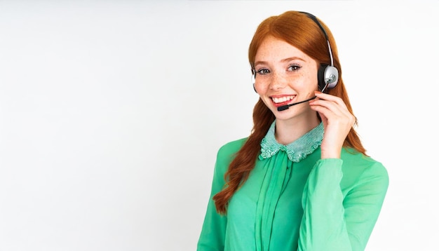 moça branca ruiva sorridente vestindo uma blusa verde claro telemarketing em fundo branco