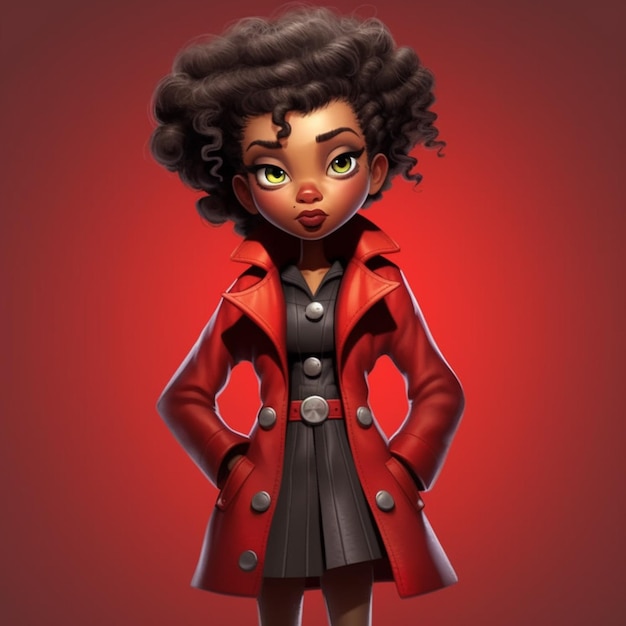Moça de desenho animado com cabelos encaracolados vestindo um casaco vermelho e vestido preto generativo ai