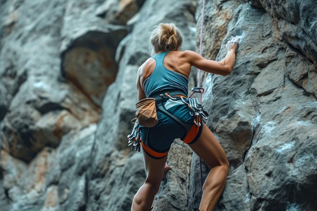 Moça desportiva com equipamento a escalar uma rocha