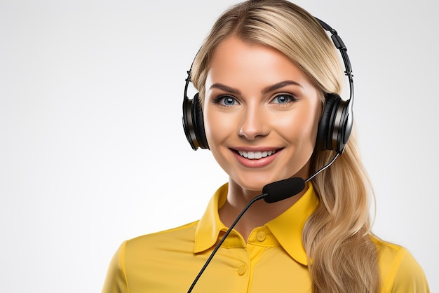 Moça loira sorridente com fones de ouvido e microfone em fundo branco Mulher do serviço de suporte aconselha clientes em call center