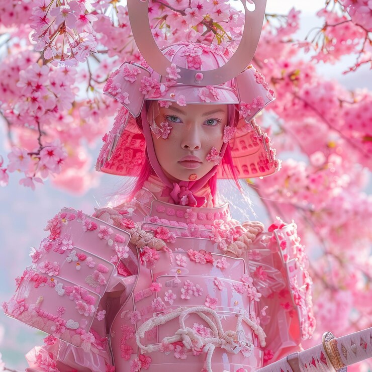 Foto moça samurai com flores rosas