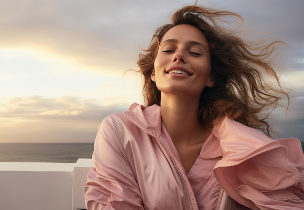 Moça sorridente da Vogue com vestido rosa a desfrutar do vento na praia.