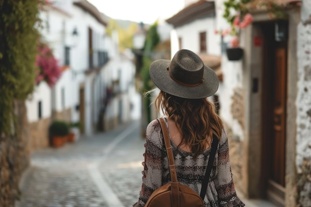 Foto moça viajante explorando as ruas da cidade velha da espanha