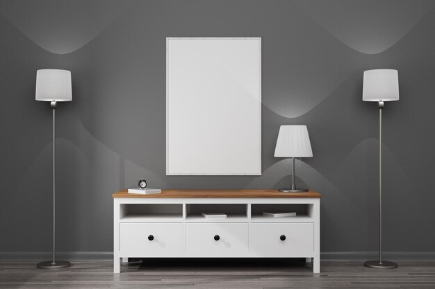 Mocap für Ihr Design Poster Bildfoto Realistischer weißer Holzrahmen auf weißer Wand und Holzboden im Innenraum mit Schrank Designvorlage für Layout 3D-Rendering