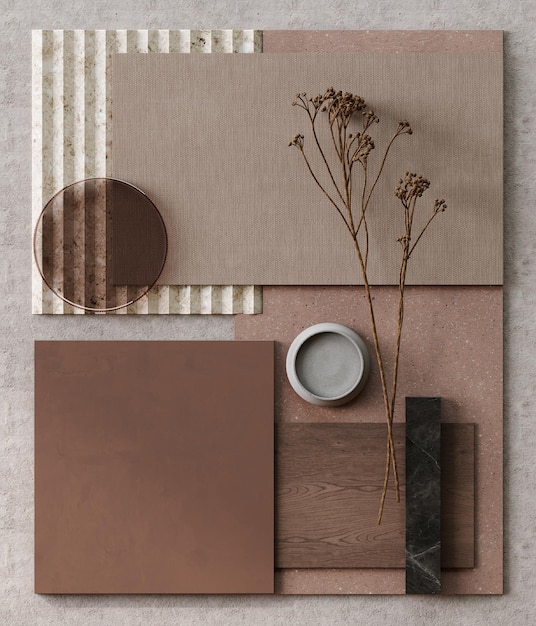 Mocha Mousse Farbe des Jahres Stimmungstafel Musterfarbe Stoff Marmor