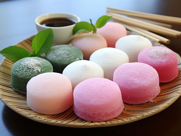 Mochi-Eis auf japanischem Holzteller erzeugt u.a