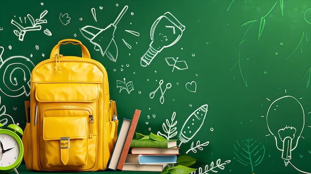 mochila amarela brilhante com suprimentos escolares e Doodles em fundo verde conceito educacional com espaço de cópia perfeito para campanha de volta à escola AI
