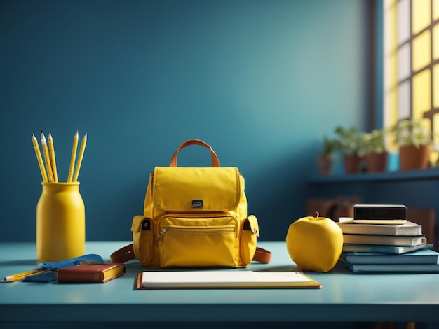 mochila amarela com papelaria em cima da mesa