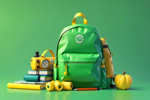 Mochila amarela e verde e equipamento escolar De volta ao conceito escolar em fundo verde