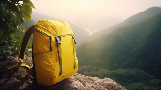 Mochila amarela no topo de uma montanha