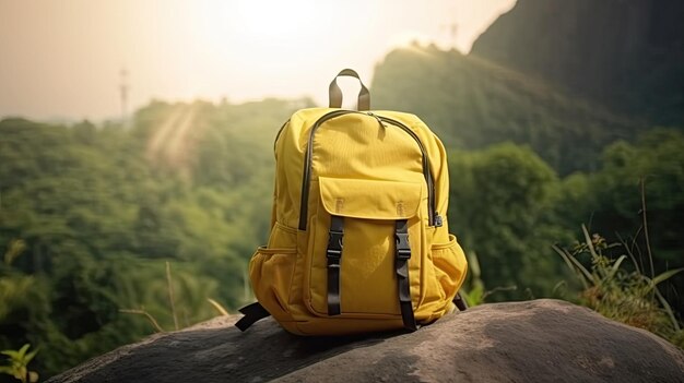 Una mochila amarilla se asienta sobre una roca frente a una montaña.