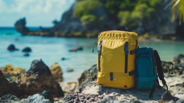 La mochila amarilla y azul en la playa rocosa