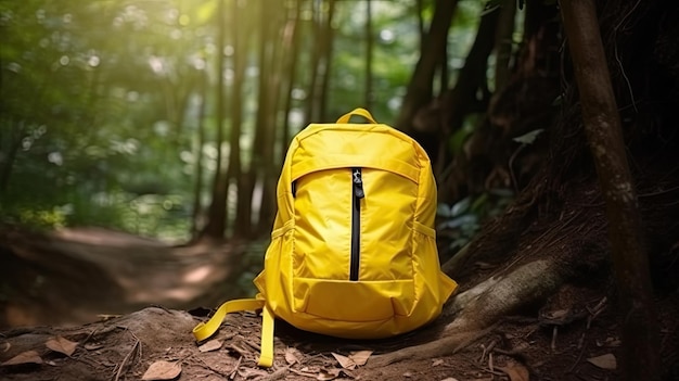 Mochila amarilla en el bosque con la palabra mochila
