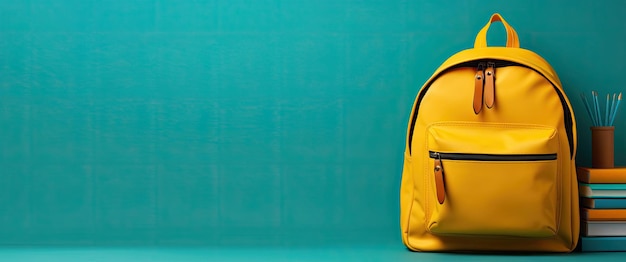 Una mochila amarilla brillante junto a una pila de libros