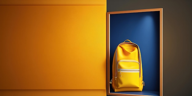 Una mochila amarilla en una caja con la palabra escuela.