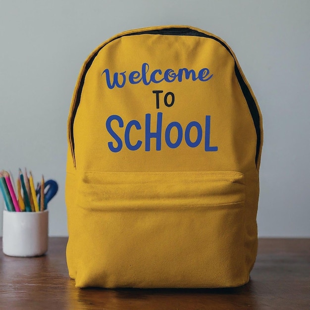 una mochila amarilla con las palabras bienvenido a la escuela en ella