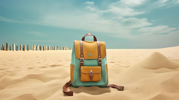 Mochila en la arena de la playa Escena de vacaciones con mochila en la orilla AI generativa
