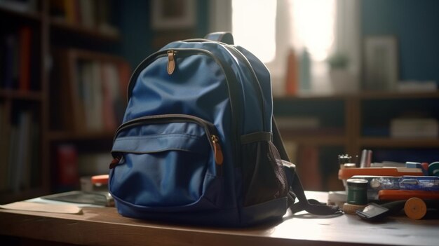 Una mochila azul acogedora adornada con útiles escolares descansa sobre una mesa de madera cerca de las estanterías