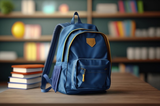 Mochila azul com material escolar na mesa de madeira contra prateleiras de livros desfocadas Generative AI