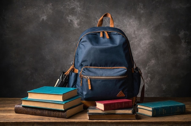 una mochila azul con una correa marrón se sienta en una mesa con libros