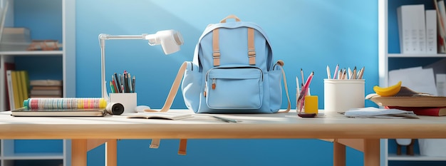 Una mochila azul de la escuela descansa en el escritorio del aula señalando un regreso a los días escolares