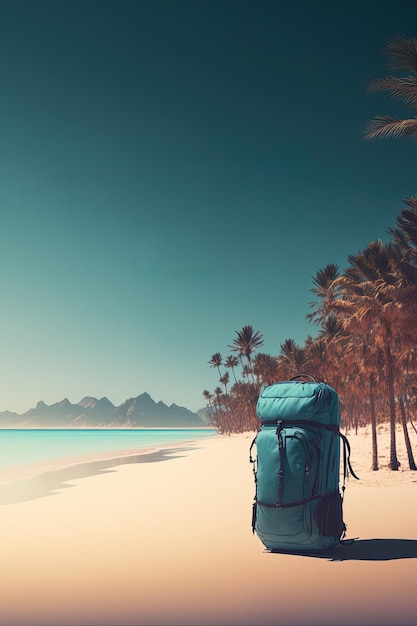 Una mochila azul en una playa con palmeras al fondo.