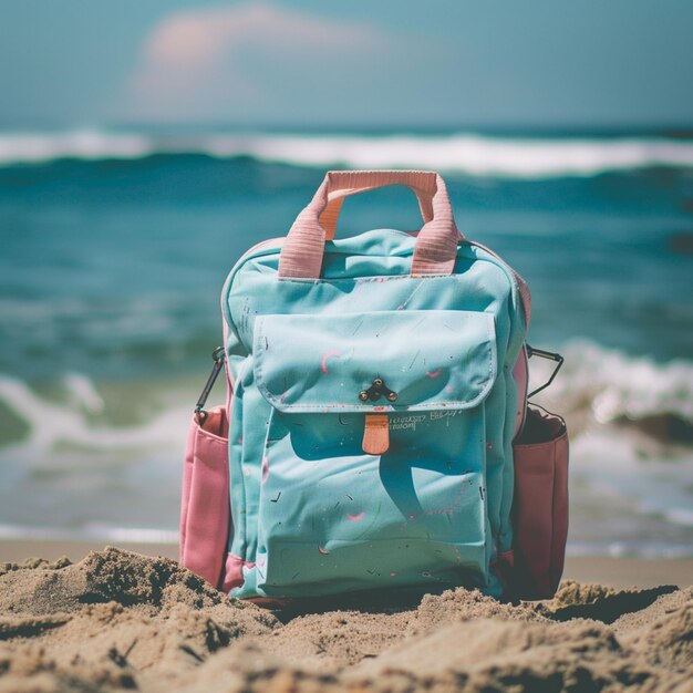 una mochila azul y rosa se sienta en la arena de una playa