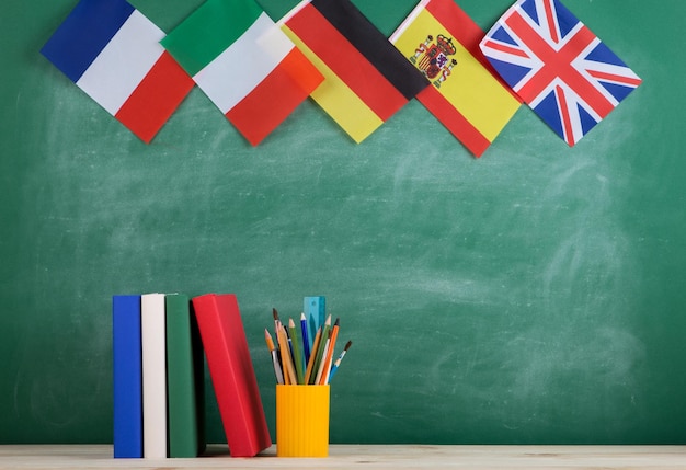 Mochila banderas de España Francia Gran Bretaña y otros países libros y material escolar