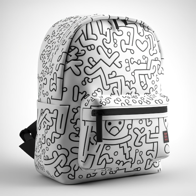 Una mochila blanca con un diseño en blanco y negro.