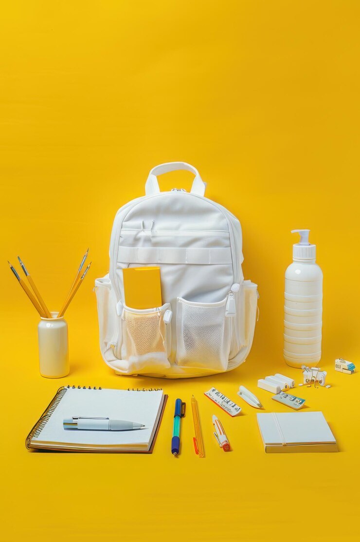 mochila blanca con lápices y libros contra un fondo amarillo brillante perfecto para temas de backtoschool