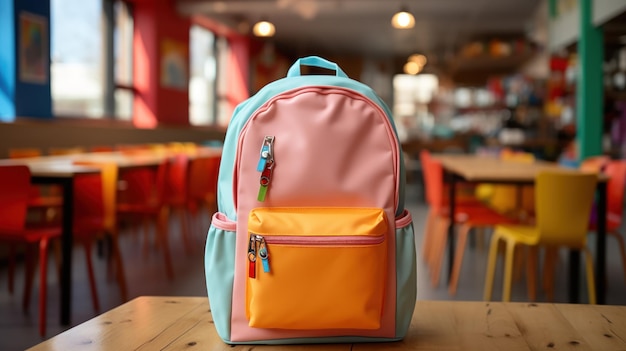 Una mochila brillante en un aula preparada para el aprendizaje