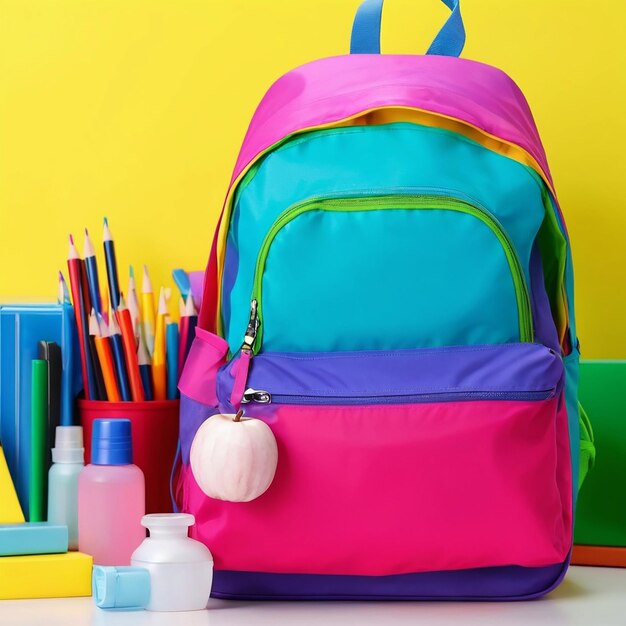 Una mochila brillante en un aula preparada para el aprendizaje