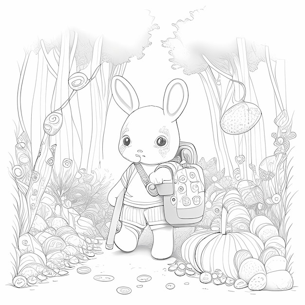 Mochila Bunny Candy Quest Desenho de um coelho fofo em uma floresta doce
