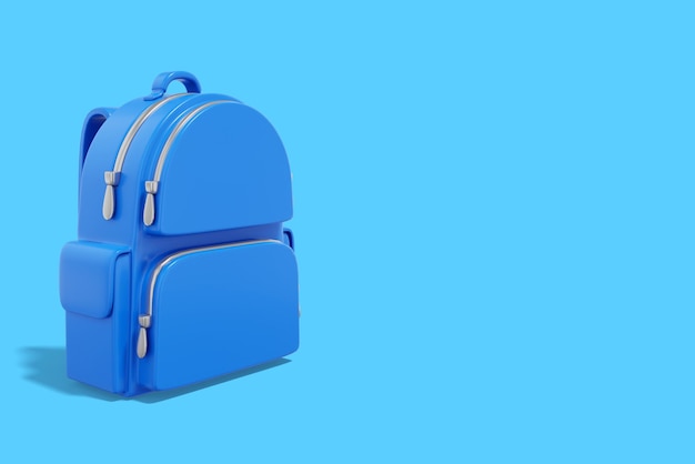 Mochila de ciudad escolar azul realista sobre fondo azul con espacio para representación de texto 3d