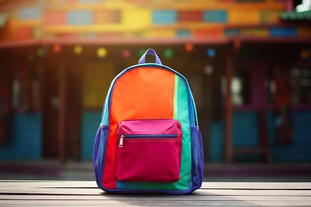 Una mochila colorida empacada para la escuela en un escritorio de madera.