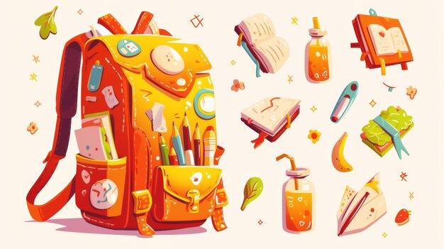 Foto mochila com caixa de almoço e suprimentos da escola set de ilustrações modernas de kit de educação com mochila caixa de alnoço com sanduíches vegetais sumo de banana livros e lápis