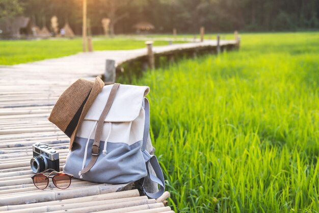 Mochila com chapéu e câmera no caminho de bambu no campo de arroz verde