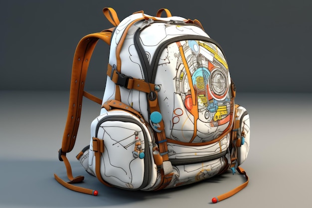 mochila com desenhos em fundo cinzento de volta à escola e conceito de educação renderização 3D mochila com materiais escolares em fundo cinza Ai gerado