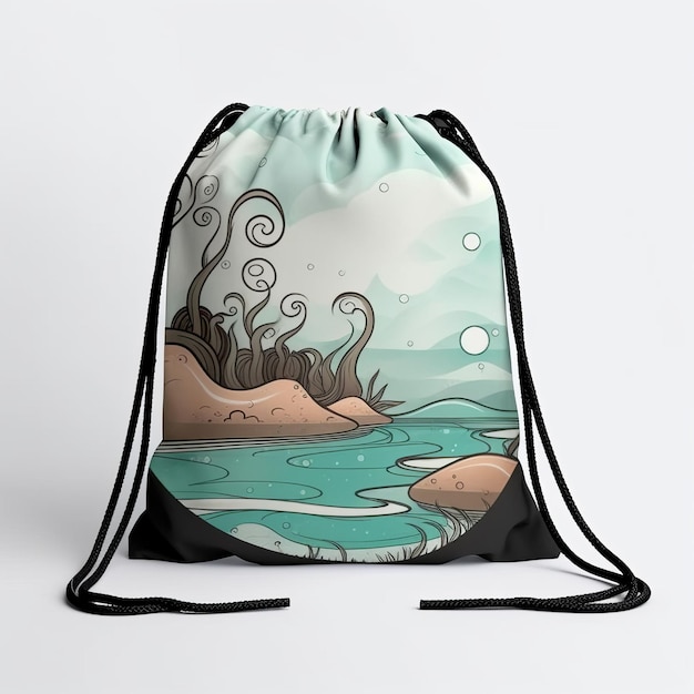 Mochila Con Cordón De Olas Kawaii Con Ilustración Estilo Cyril Rolando