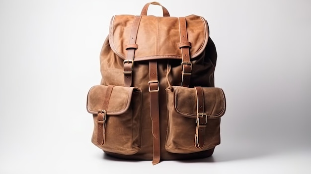 Una mochila de cuero marrón con la palabra cuero.