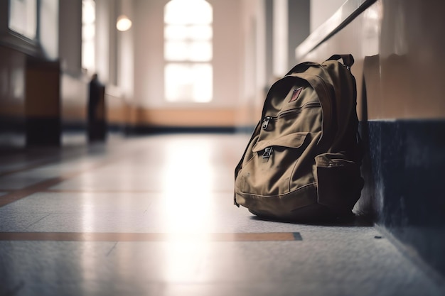 mochila da escola no chão no corredor do corredor da escola