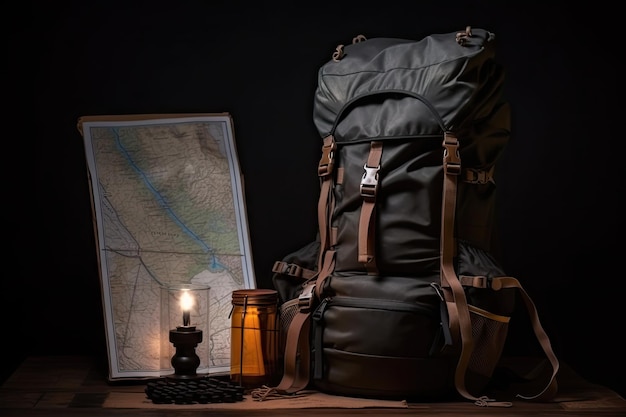 Mochila de caminhada com lanterna e mapa para aventura noturna