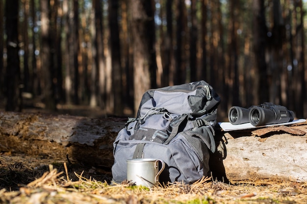 Mochila de turista, chapéu, binóculos e um mapa em um tronco na floresta